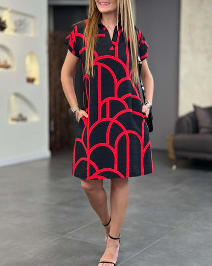 Midi dress with short sleeves and V-neck
