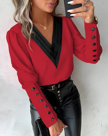 Elegant Ladies' Blouse with V-Neck Colour Block Top with Long Sleeves and Buttons