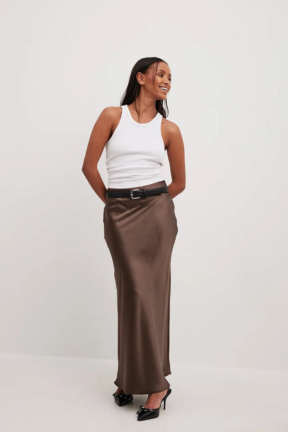 Ladies Glamorous Midi Skirt with High Waist and Shiny Fabric