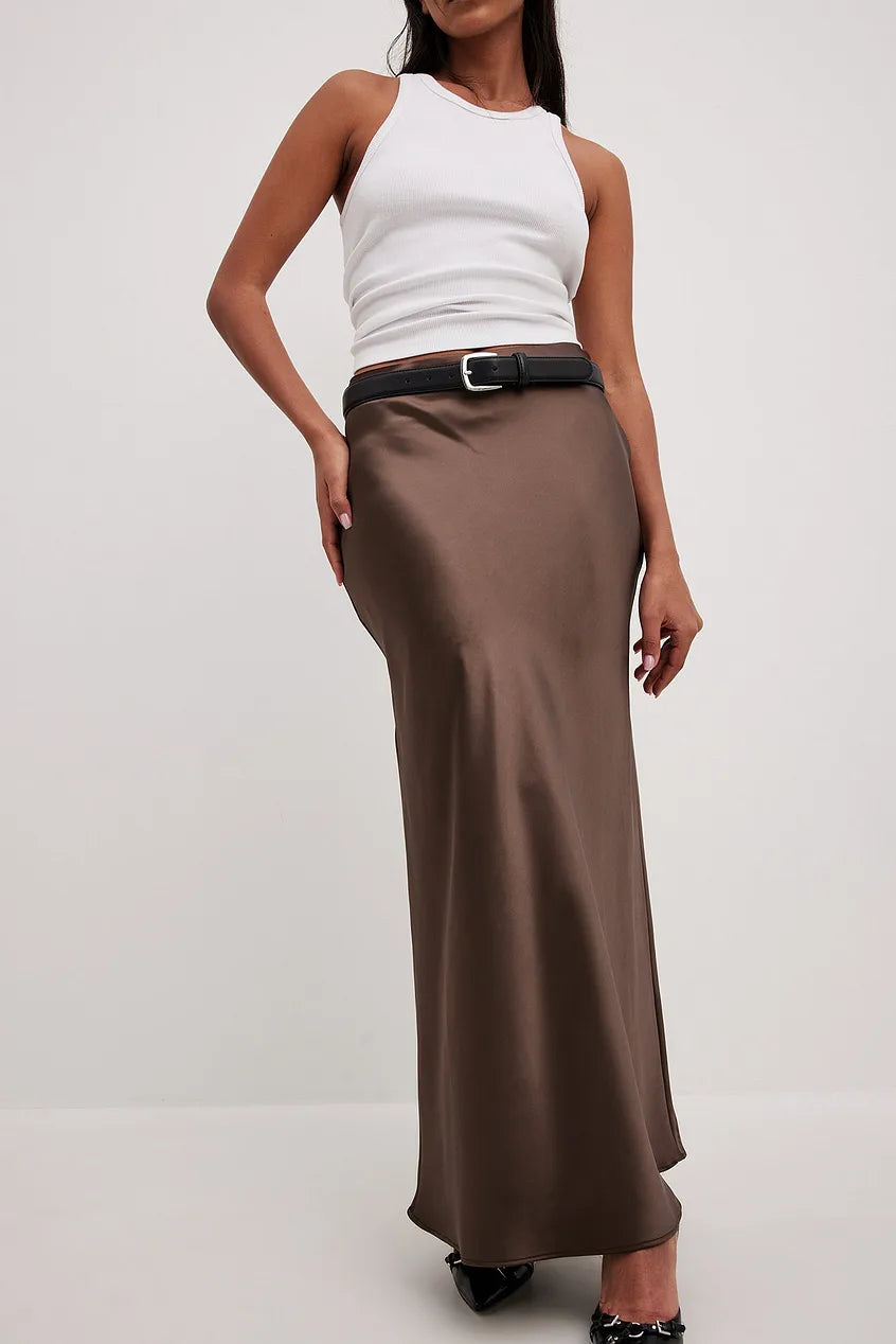 Ladies Glamorous Midi Skirt with High Waist and Shiny Fabric