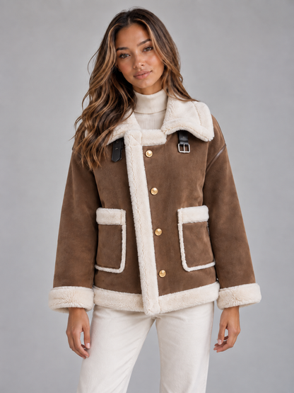 Ladies' Stylish Pilot Jacket with Suede Look and Button Closure
