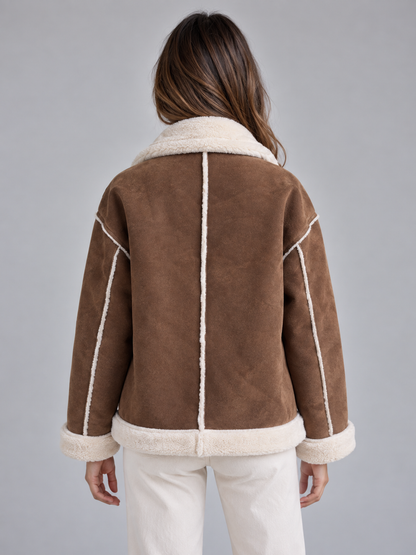 Ladies' Stylish Pilot Jacket with Suede Look and Button Closure