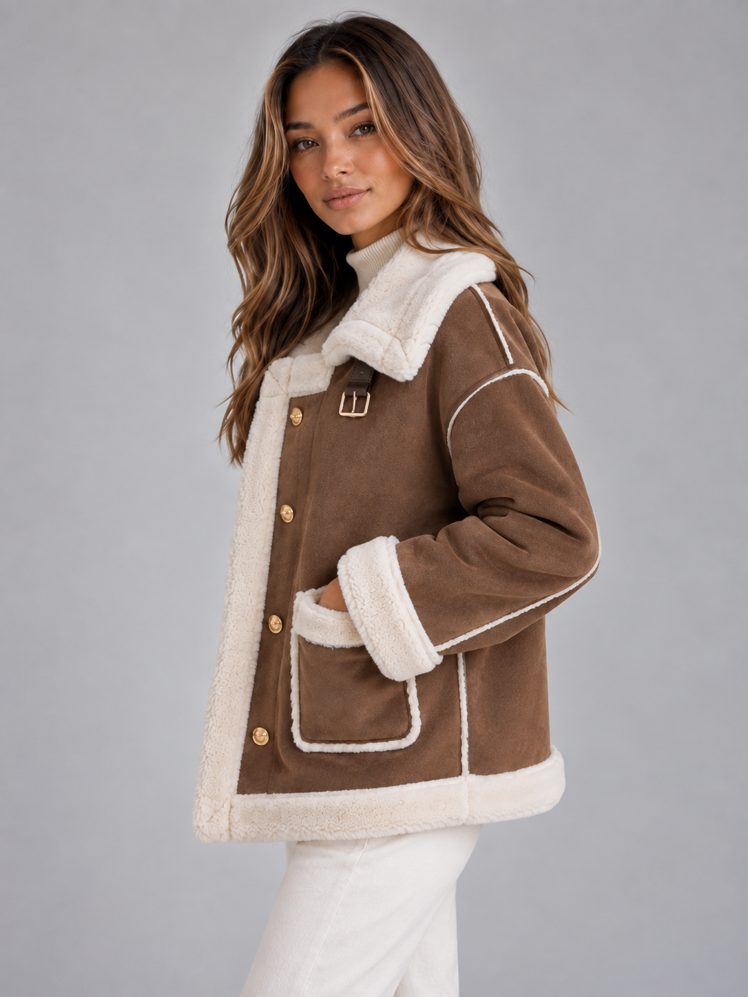 Ladies' Stylish Pilot Jacket with Suede Look and Button Closure
