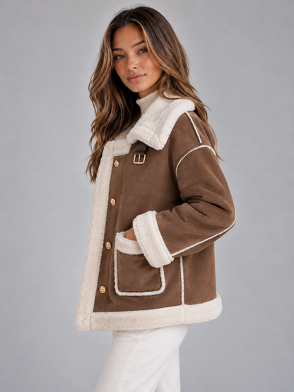 Ladies' Stylish Pilot Jacket with Suede Look and Button Closure