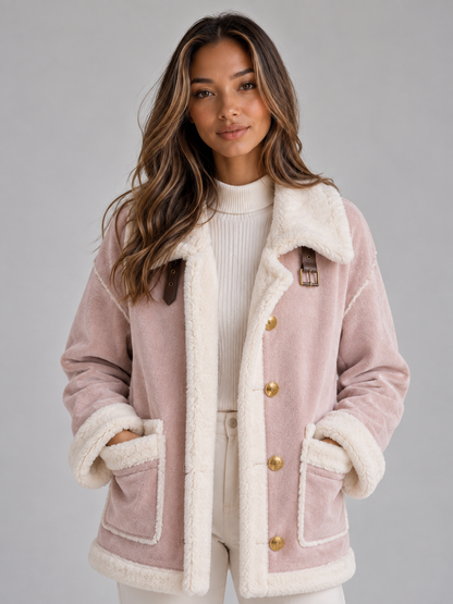 Ladies' Stylish Pilot Jacket with Suede Look and Button Closure