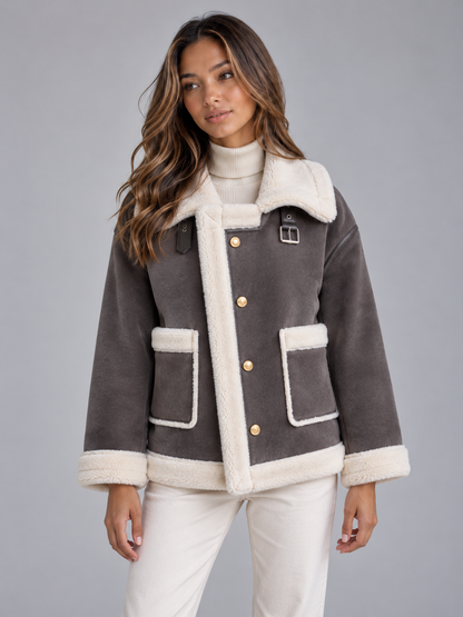 Ladies' Stylish Pilot Jacket with Suede Look and Button Closure