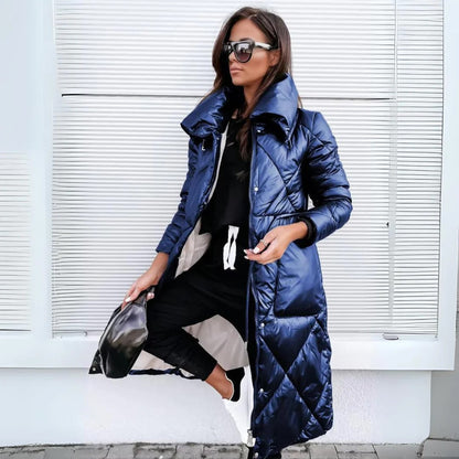 Ladies' Cosy Long Quilted Jacket with High Collar