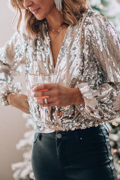 Ladies Sparkling Sequin Top with Wrap and V-Neck