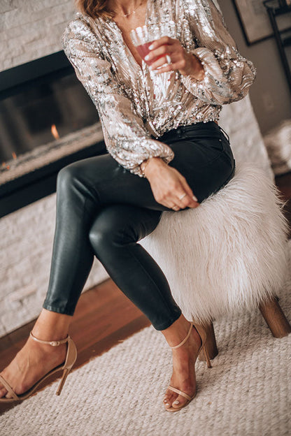 Ladies Sparkling Sequin Top with Wrap and V-Neck