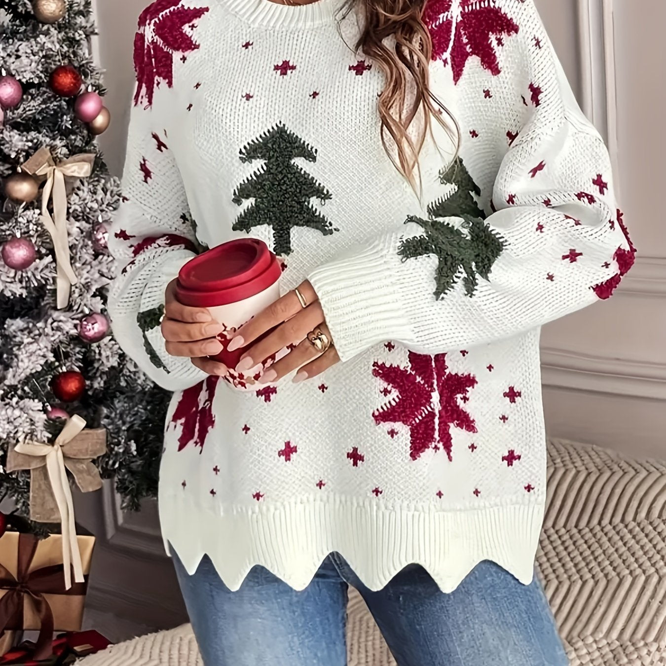 Nina | Casual Christmas Tree Pattern Jumper with Round Neck and Long Sleeves
