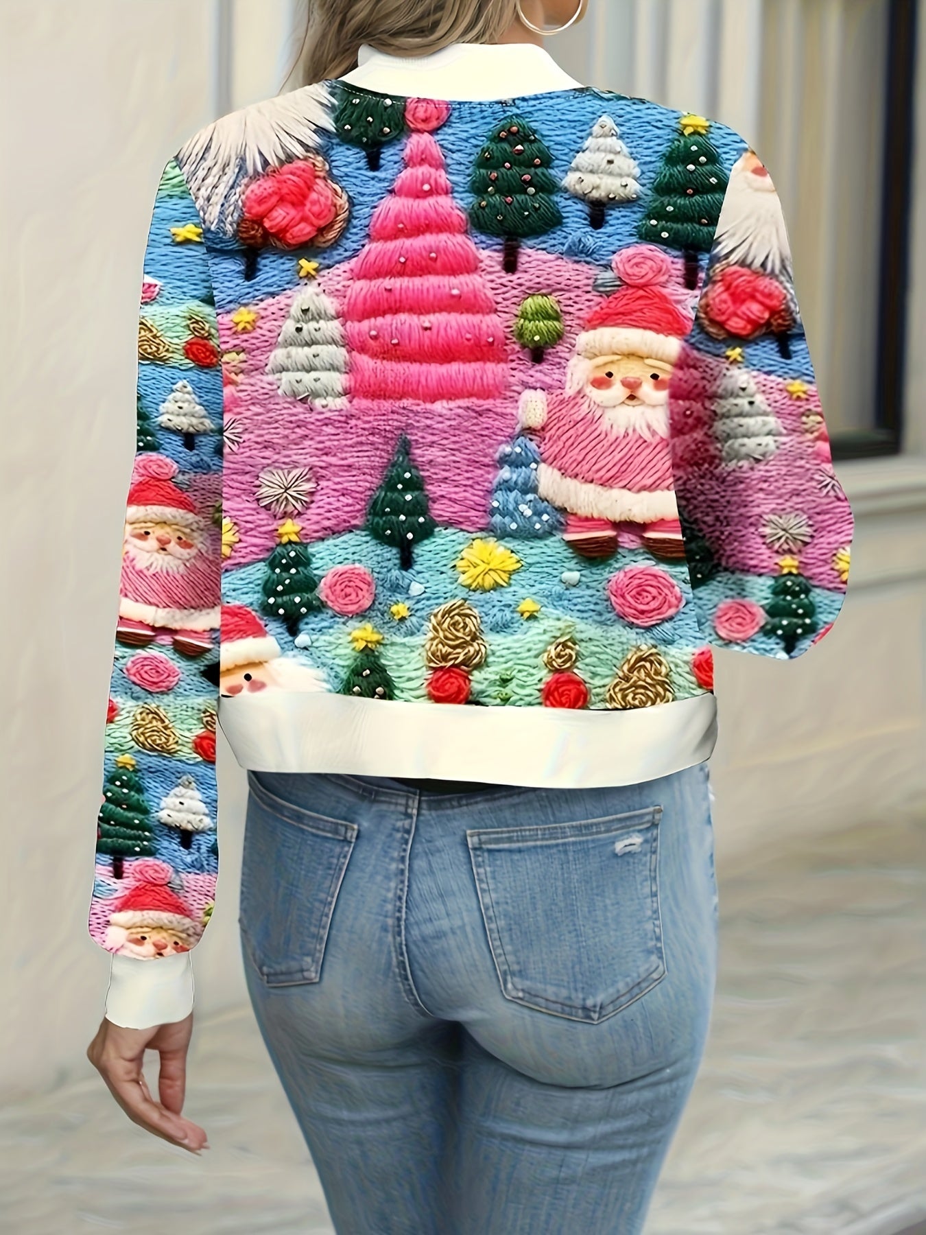 Nina | Casual Christmas Print Bomber Jacket with Long Sleeves and Zip