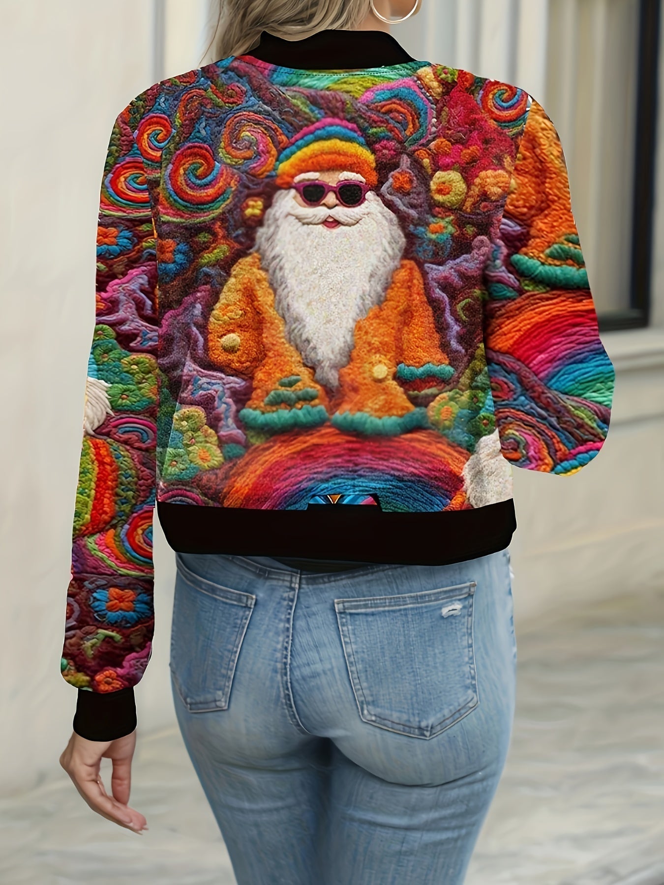 Nina | Casual Christmas Print Bomber Jacket with Long Sleeves and Zip