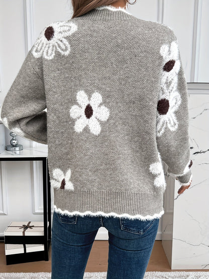 Nina | Knitted jumper with floral pattern and V-neck