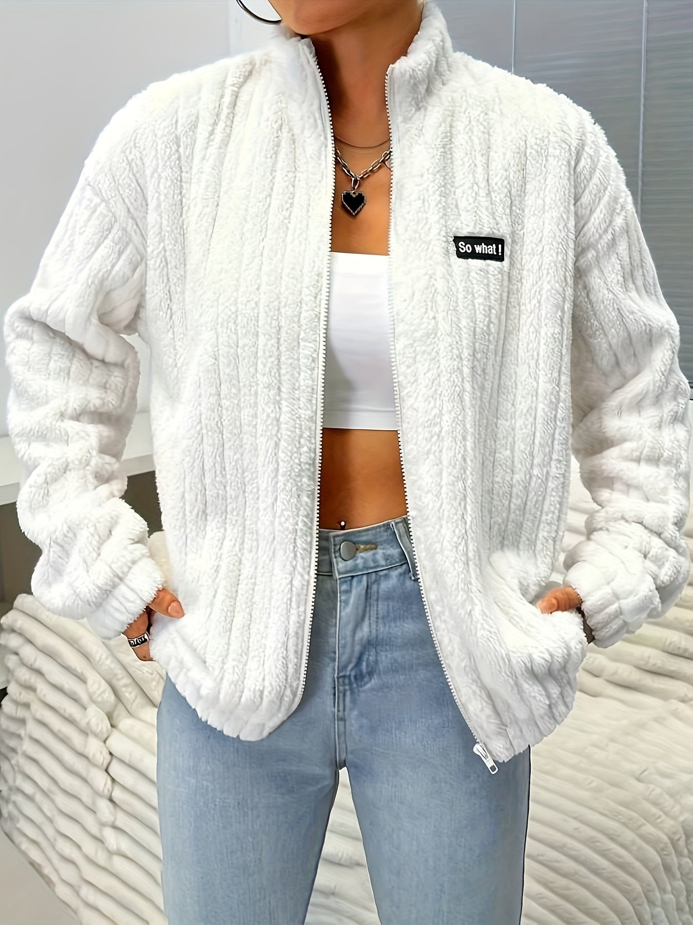 Nina | Zip Teddy Jacket with Ribs and Long Sleeves