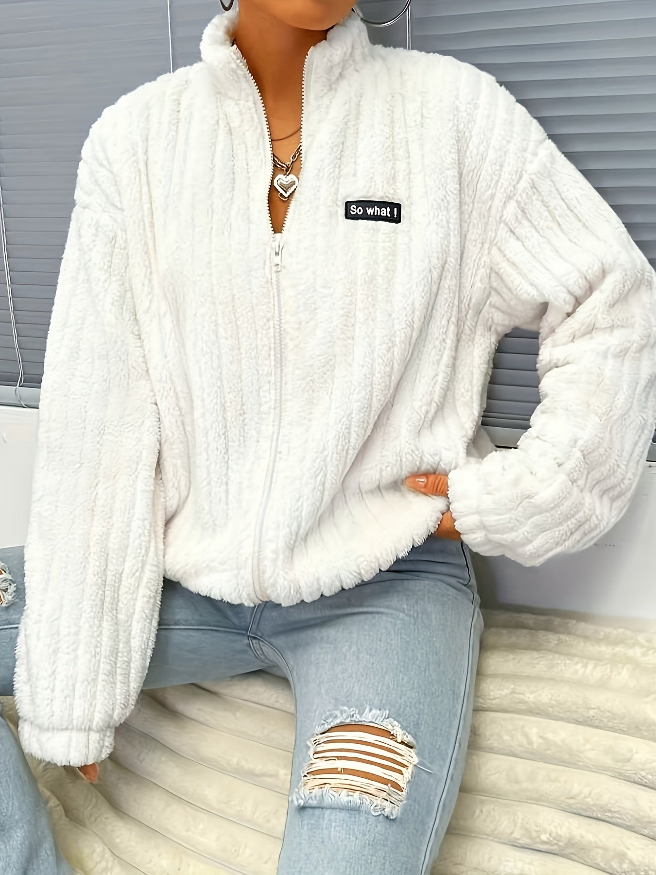 Nina | Zip Teddy Jacket with Ribs and Long Sleeves