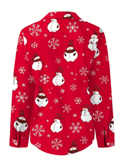 Nina | Cute Christmas Snowman Print Blouse with Long Sleeves