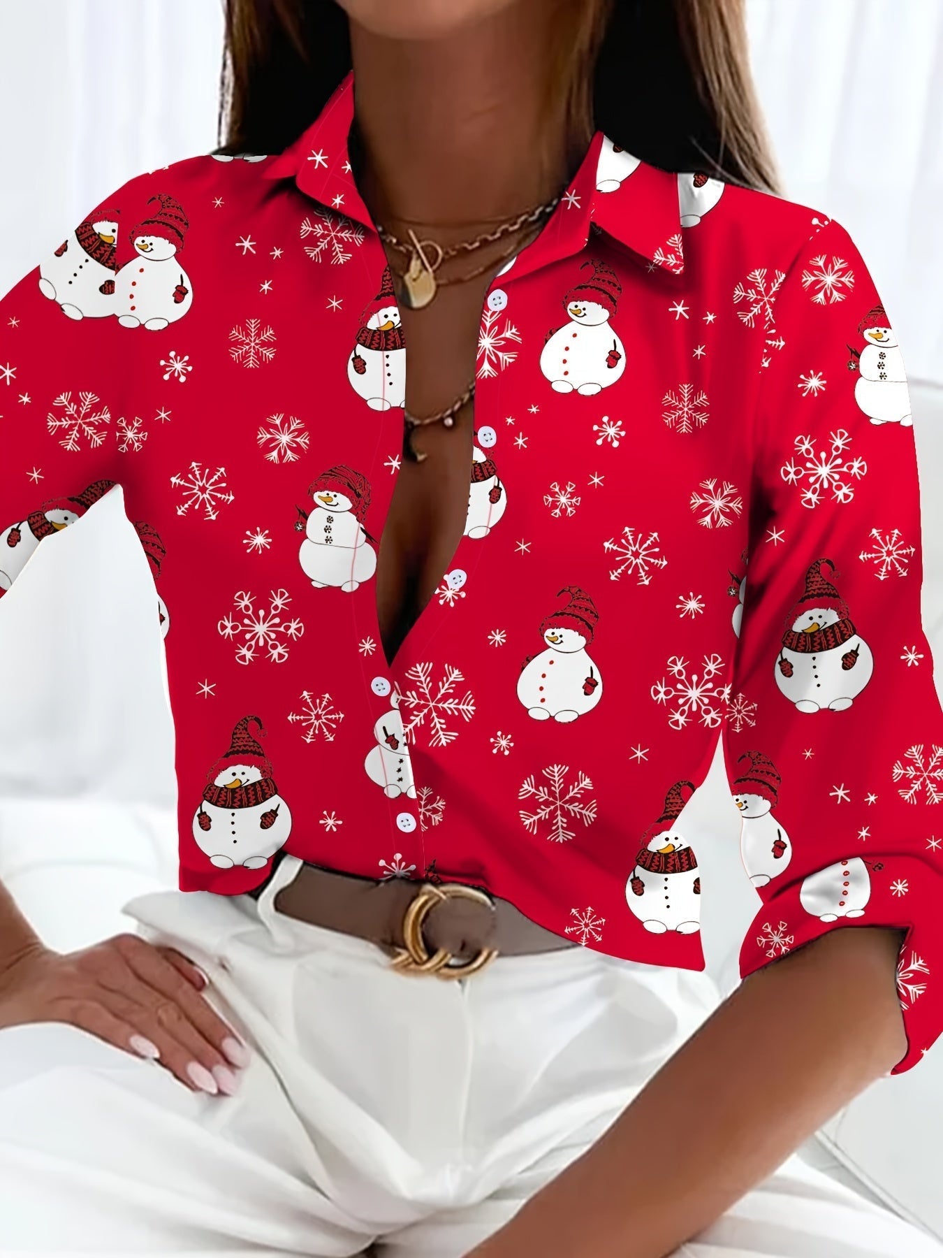 Nina | Cute Christmas Snowman Print Blouse with Long Sleeves