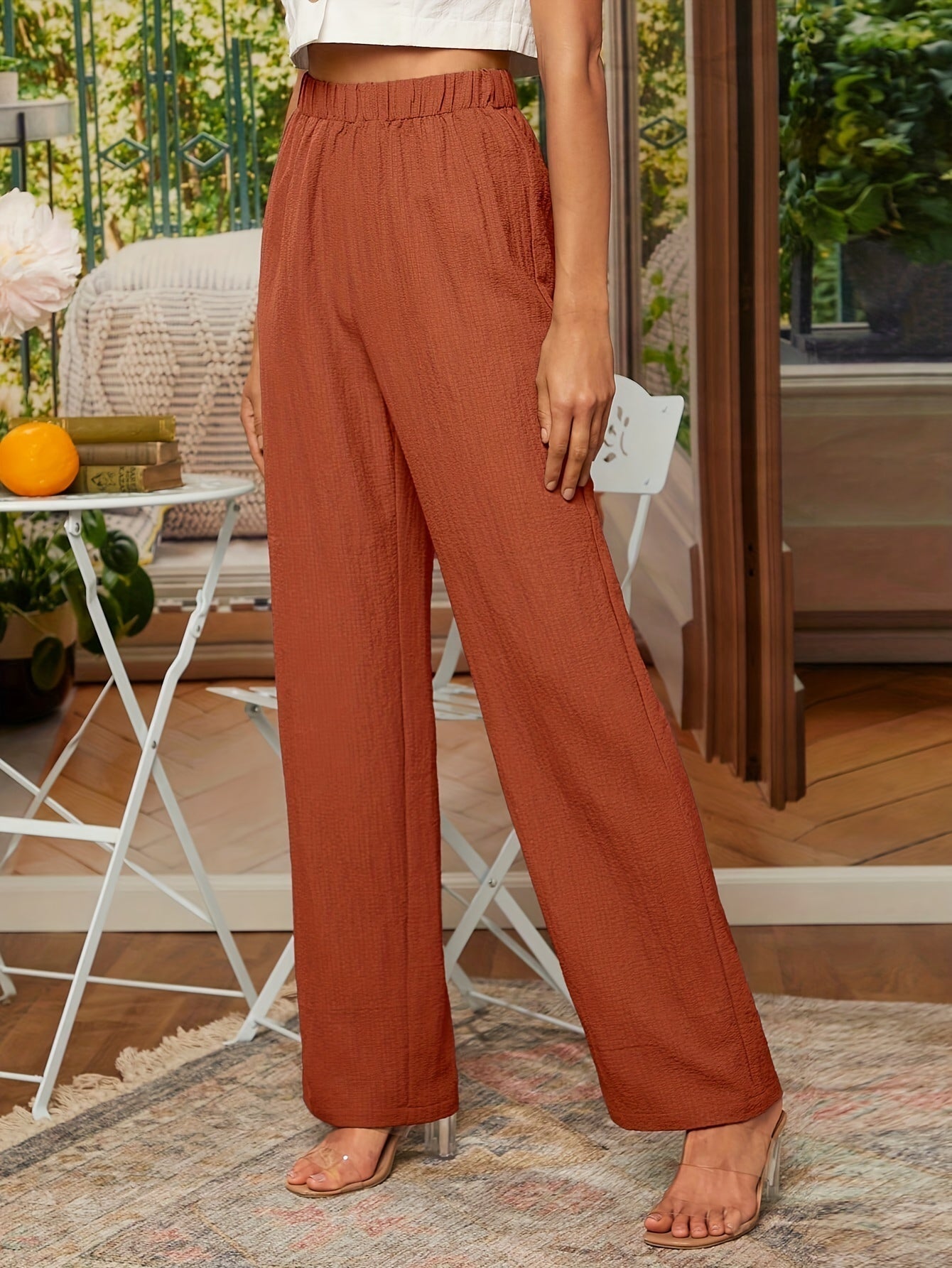 Noa | Plain Textured Trousers with Straight Legs and Elastic Waistband
