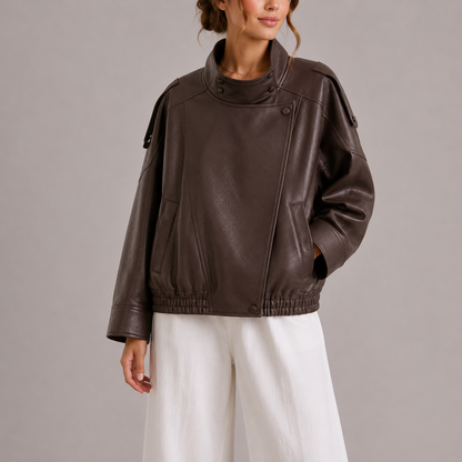 Giacca bomber da donna alla moda in similpelle con collo alto