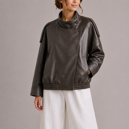 Giacca bomber da donna alla moda in similpelle con collo alto