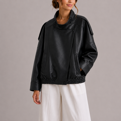 Giacca bomber da donna alla moda in similpelle con collo alto