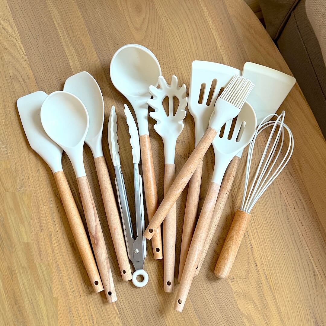 Non-Toxic Silicone Cooking Utensil Set - BPA-Free - Wooden Handles