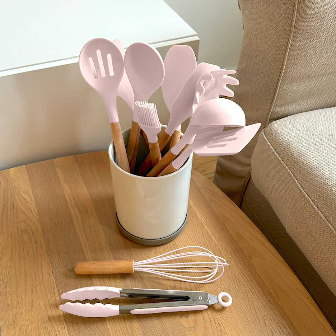 Non-Toxic Silicone Cooking Utensil Set - BPA-Free - Wooden Handles