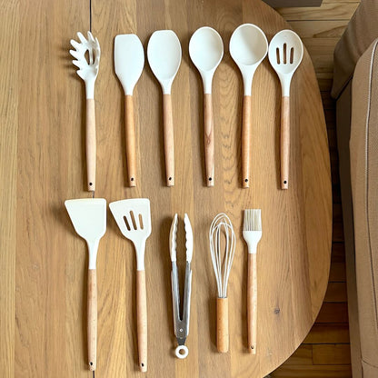 Non-Toxic Silicone Cooking Utensil Set - BPA-Free - Wooden Handles