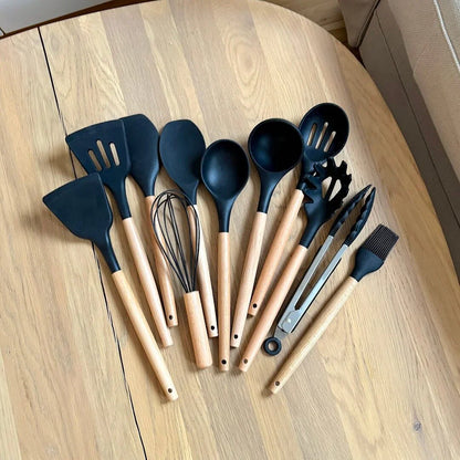 Non-Toxic Silicone Cooking Utensil Set - BPA-Free - Wooden Handles