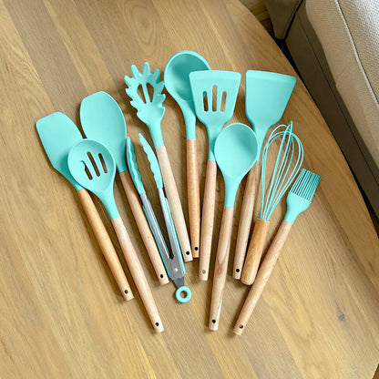 Non-Toxic Silicone Cooking Utensil Set - BPA-Free - Wooden Handles