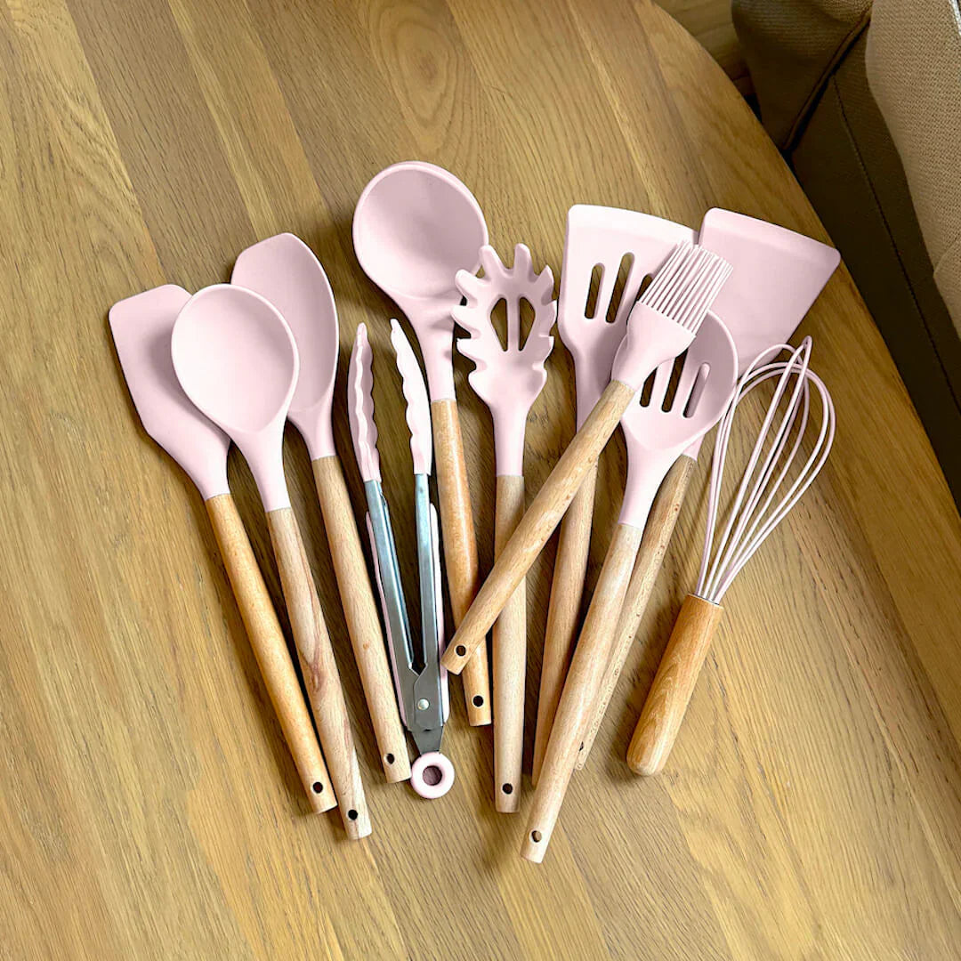 Non-Toxic Silicone Cooking Utensil Set - BPA-Free - Wooden Handles