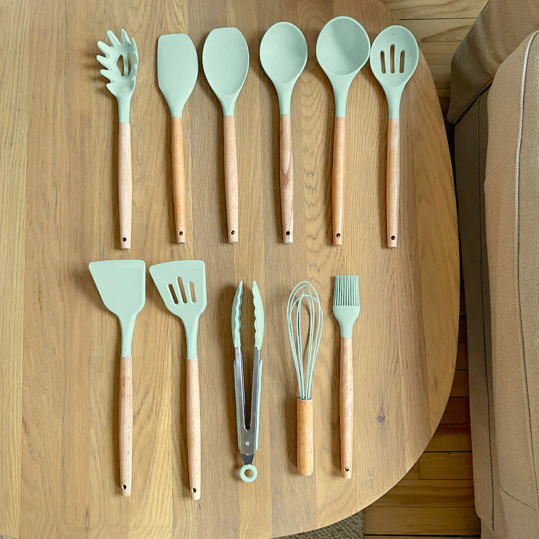 Non-Toxic Silicone Cooking Utensil Set - BPA-Free - Wooden Handles