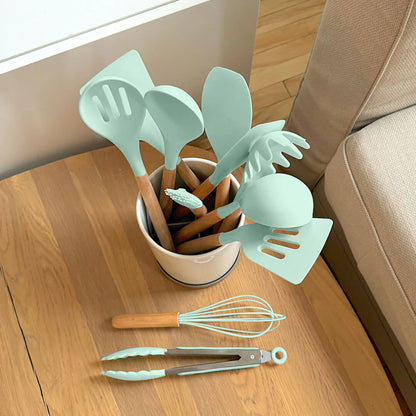 Non-Toxic Silicone Cooking Utensil Set - BPA-Free - Wooden Handles