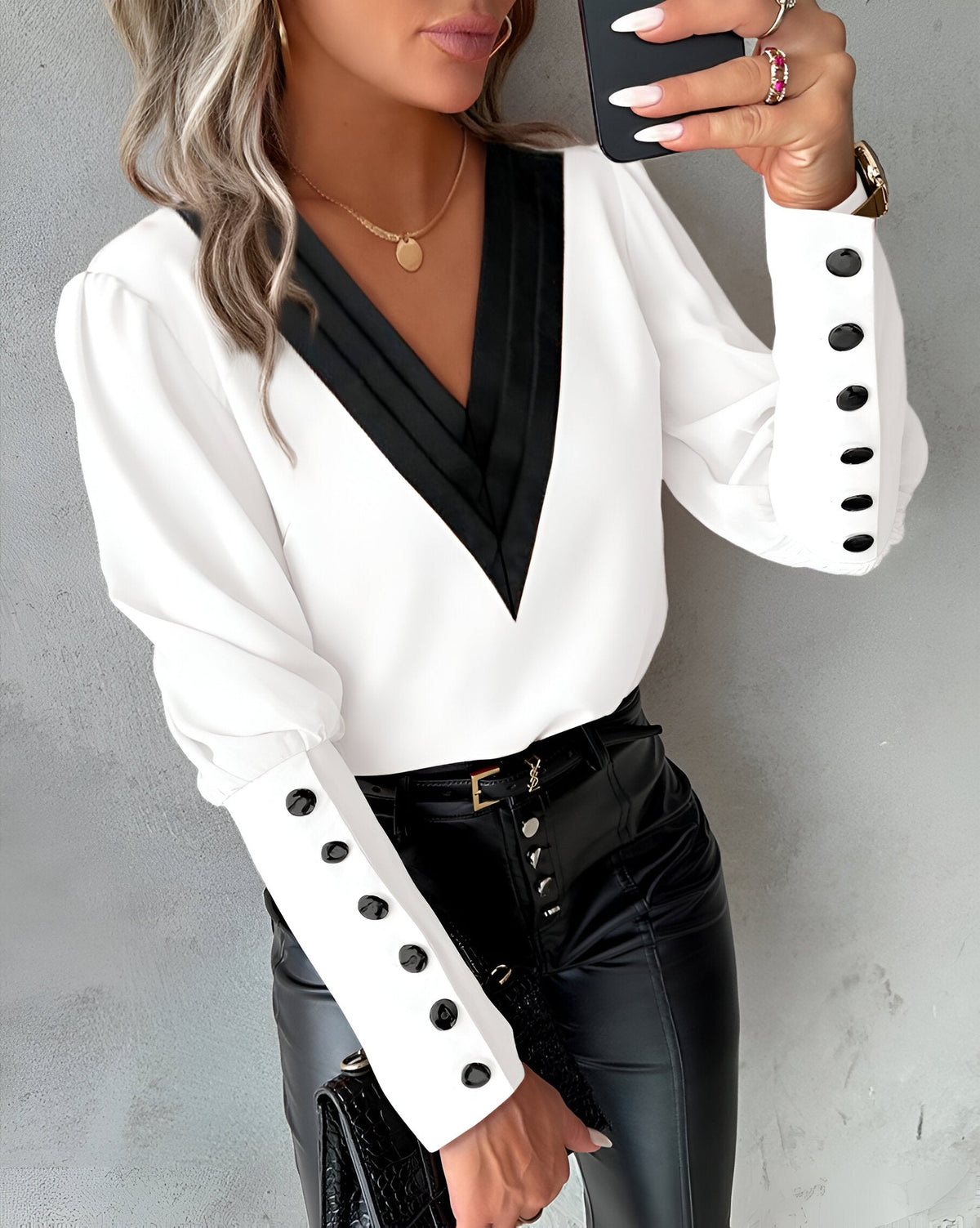 Elegant Ladies' Blouse with V-Neck Colour Block Top with Long Sleeves and Buttons