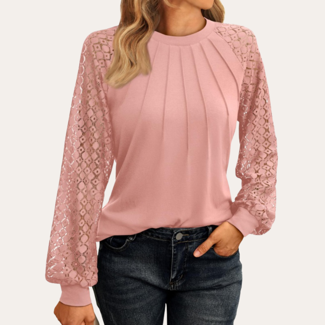 Ladies' Blouse with Lace Sleeves and Pleated Neckline