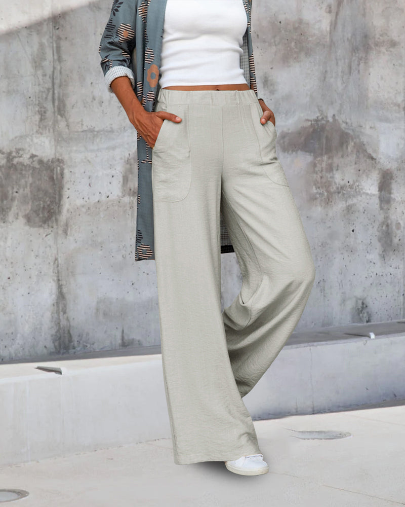 High-Waisted Plain Trousers