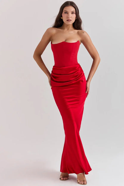 Maxi Evening Dress with Corset Strapless Satin for Women