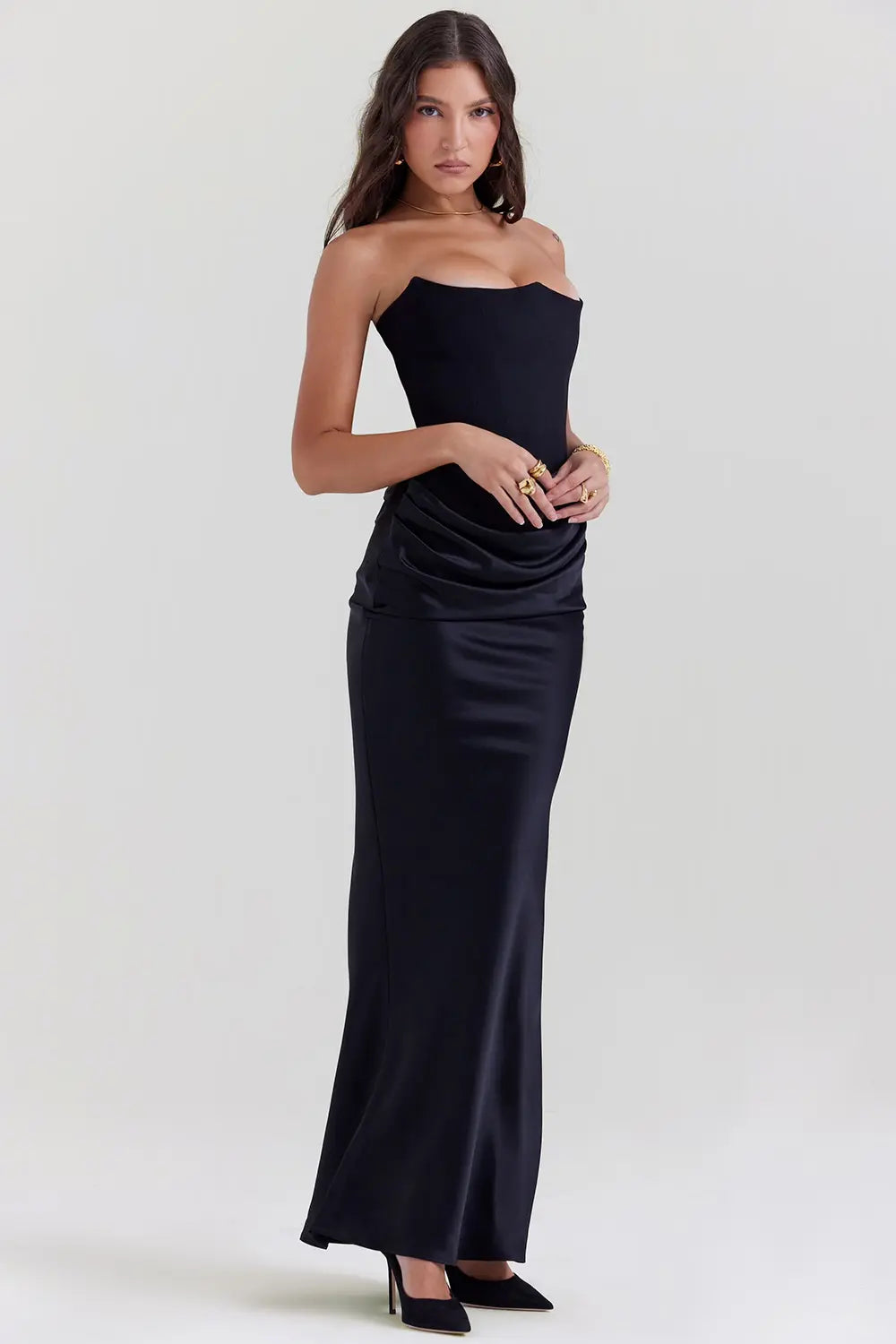 Maxi Evening Dress with Corset Strapless Satin for Women