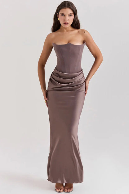 Maxi Evening Dress with Corset Strapless Satin for Women