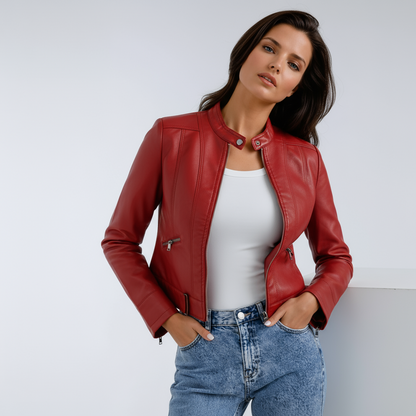 Short Leather Biker Jacket for Women with Zip and Pockets
