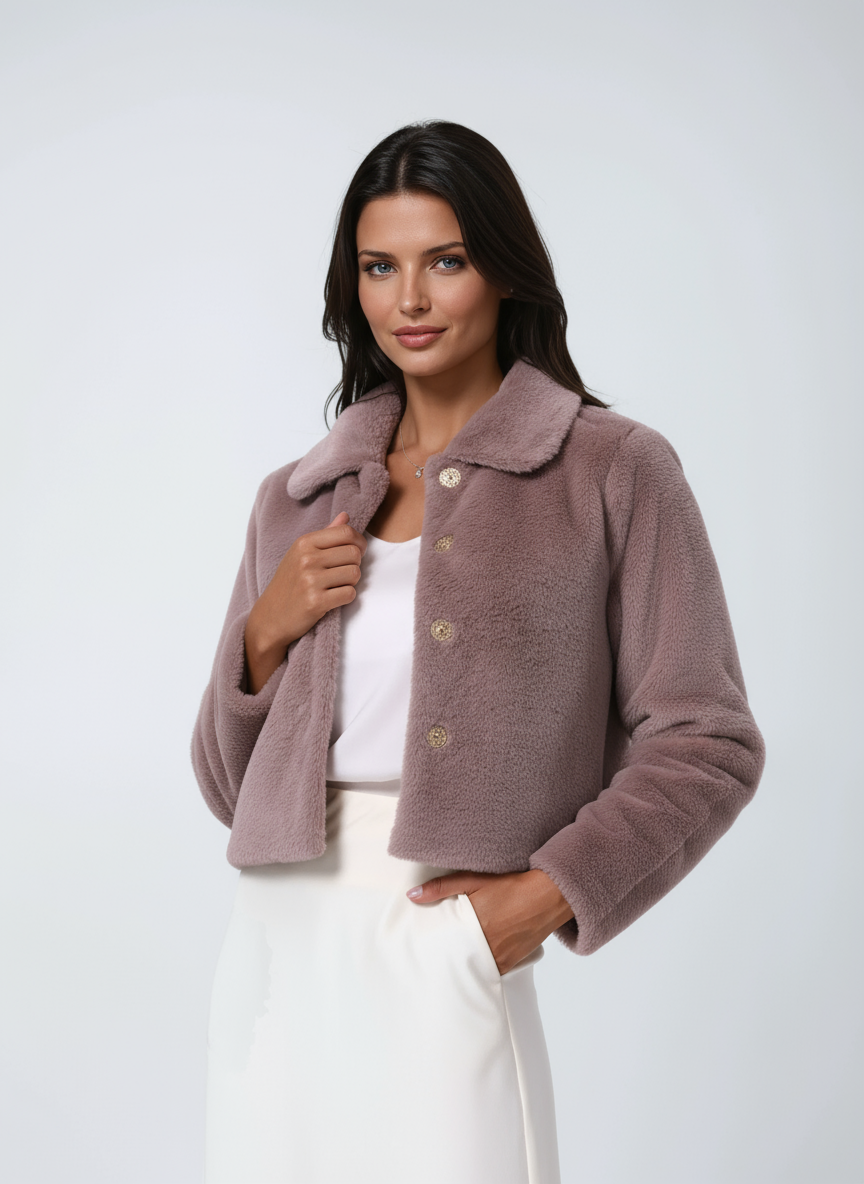 Short Faux Fur Winter Jacket with Collar and Buttons for Women