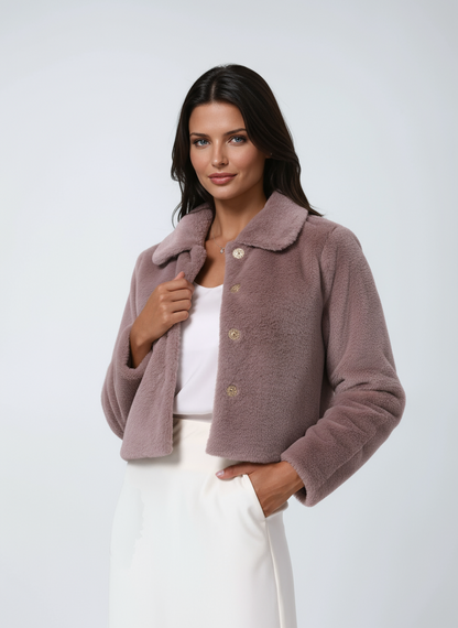 Short Faux Fur Winter Jacket with Collar and Buttons for Women