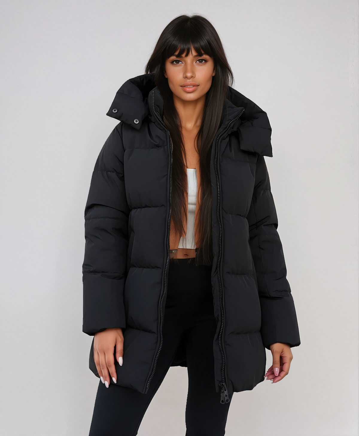 Black Puffer Winter Coat with Hood, Quilted and Long for Women