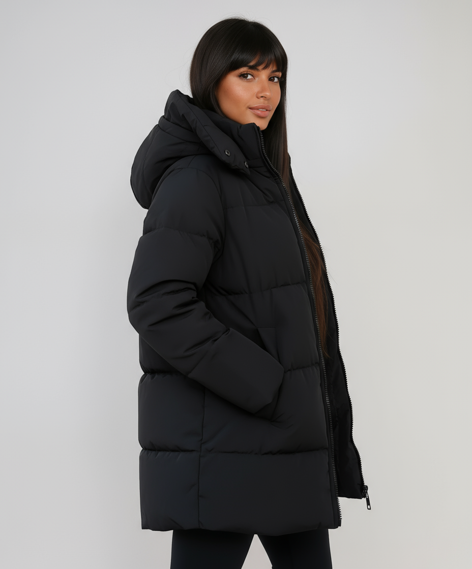 Black Puffer Winter Coat with Hood, Quilted and Long for Women