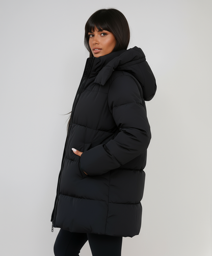 Black Puffer Winter Coat with Hood, Quilted and Long for Women