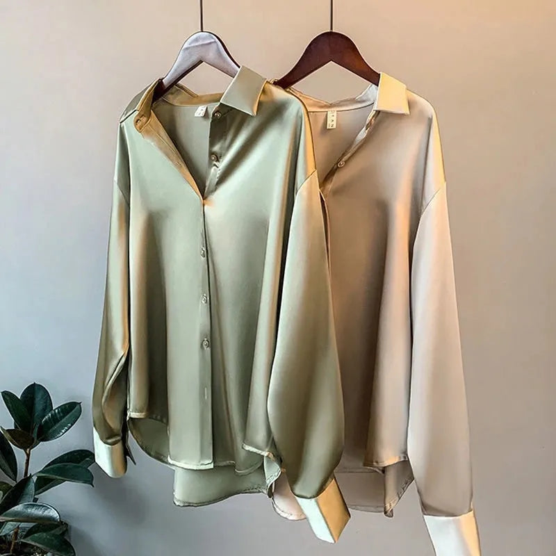 Satin Blouse with Long Sleeves and Classic Collar