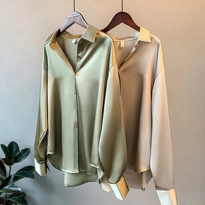 Satin Blouse with Long Sleeves and Classic Collar