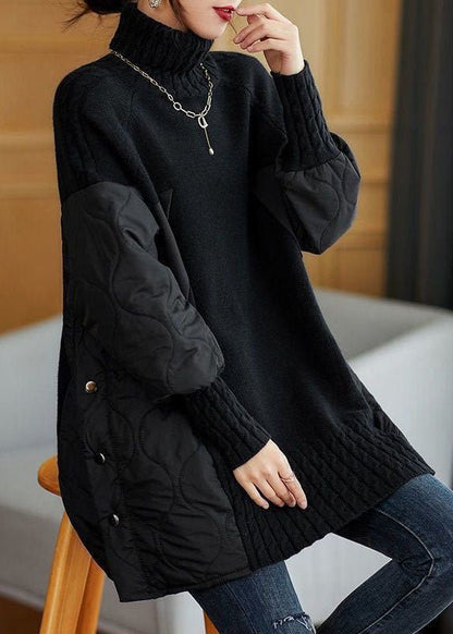Ladies Long Roll Neck Sweater with Padded Panels and Cable Cuffs