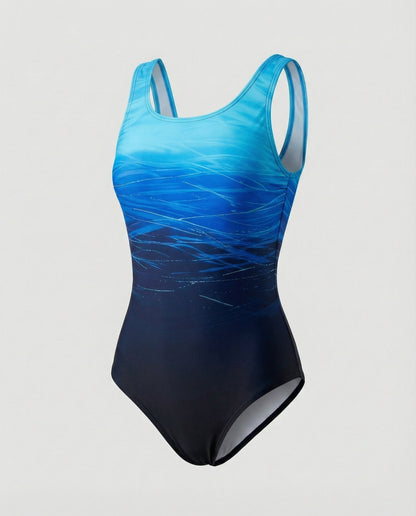 Costume da bagno sportivo con sfumatura dégradé e spalline incrociate