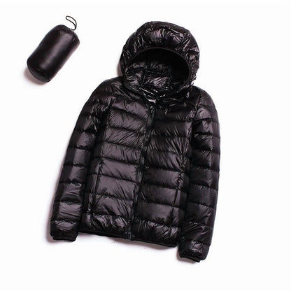 Chaqueta acolchada ligera y plegable para mujer, con capucha y bolsa de almacenamiento
